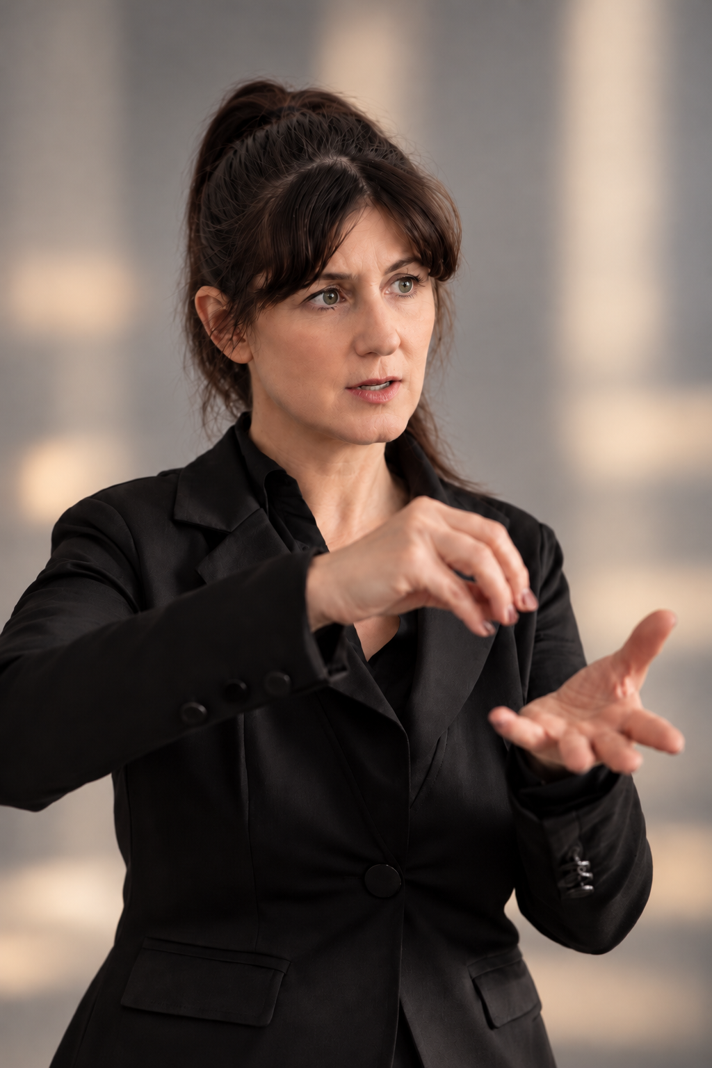 Dr. Arlena Jung mit erklärender Handgeste während eines Gesprächs über Führungsthemen.
