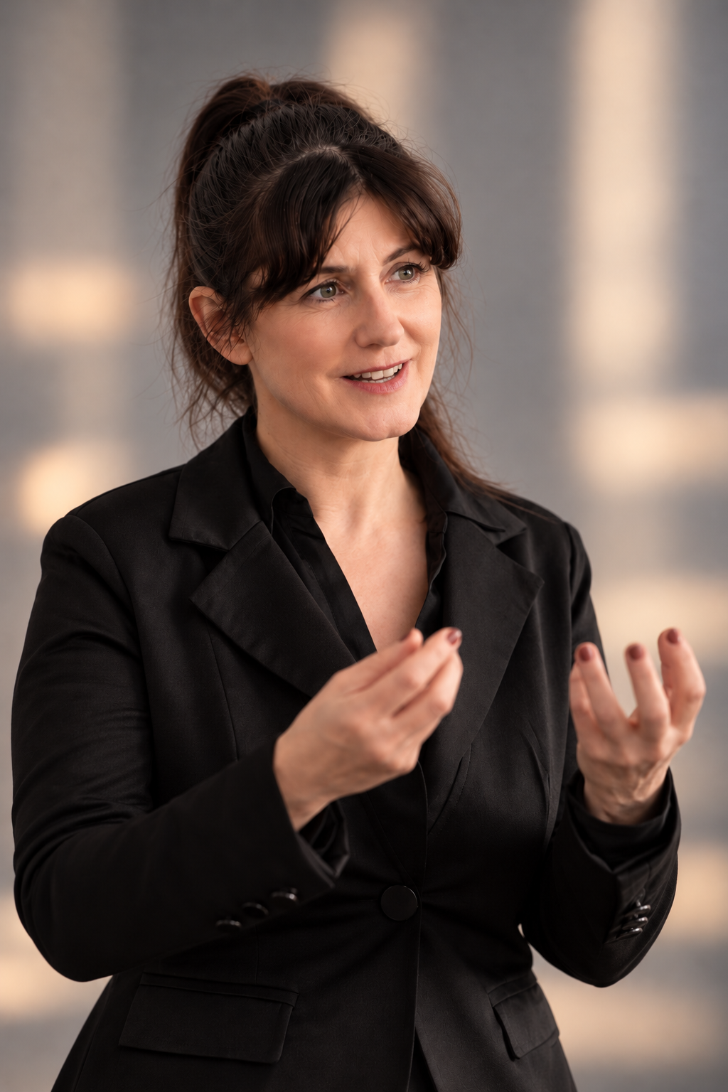 Dr. Arlena Jung im Führungstraining mit offener Gestik vor hellem Hintergrund
