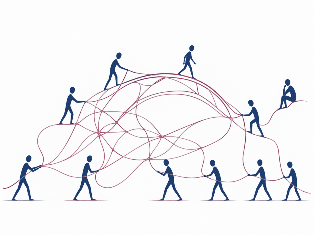 Illustration zur Organisationsberatung für Wissenschaftseinrichtungen: Menschen gestalten gemeinsam aus miteinander verbundenen Linien eine Brücke und überqueren sie.