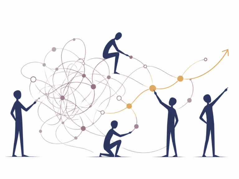 Illustration zur systemischen Organisationsberatung: Menschen erkunden ein komplexes Netzwerk von Zusammenhängen und machen neue Gestaltungsmöglichkeiten sichtbar.