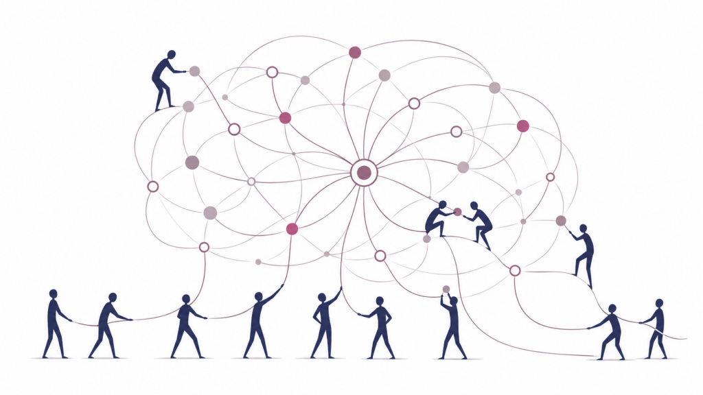 Illustration zur systemischen Organisationsentwicklung: Menschen gestalten ein komplexes Netzwerk aus miteinander verbundenen Elementen und Wechselwirkungen.