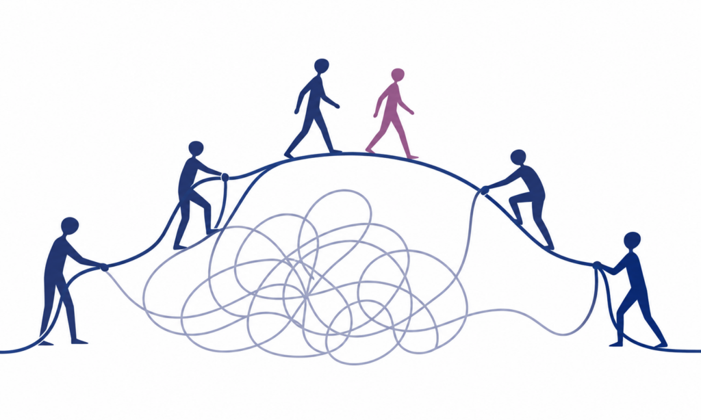 Illustration zur Unternehmensnachfolge: Menschen gestalten gemeinsam eine Brücke aus verbundenen Linien und überqueren sie – Symbol für einen begleiteten Generationenwechsel.