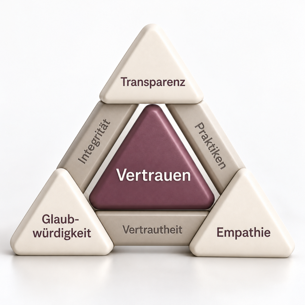 Vertrauensdreieck im Trust-Based Leadership mit Transparenz, Glaubwürdigkeit und Empathie als zentralen Elementen vertrauensbasierter Führung.